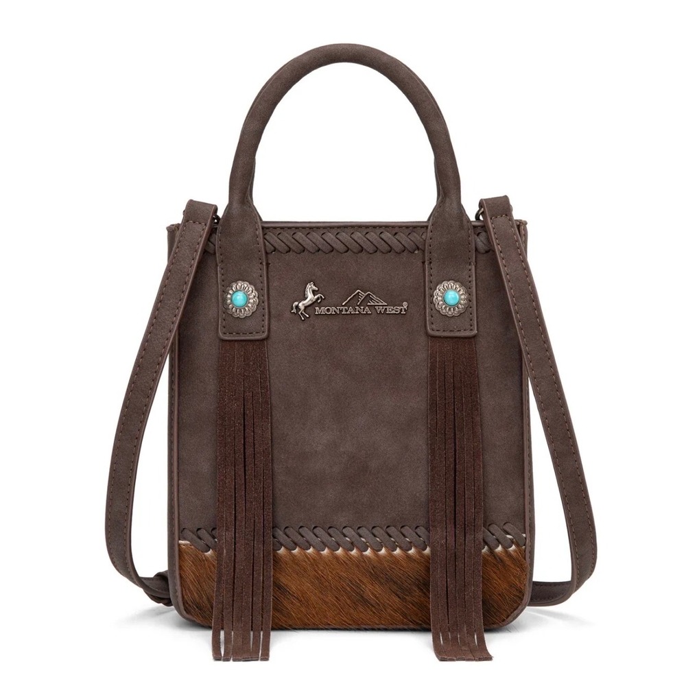 Montana West Tote Bag Womens Small Brown NWT Fringe Hair-on-Hide MW1368-8360CF - Picture 1 of 9